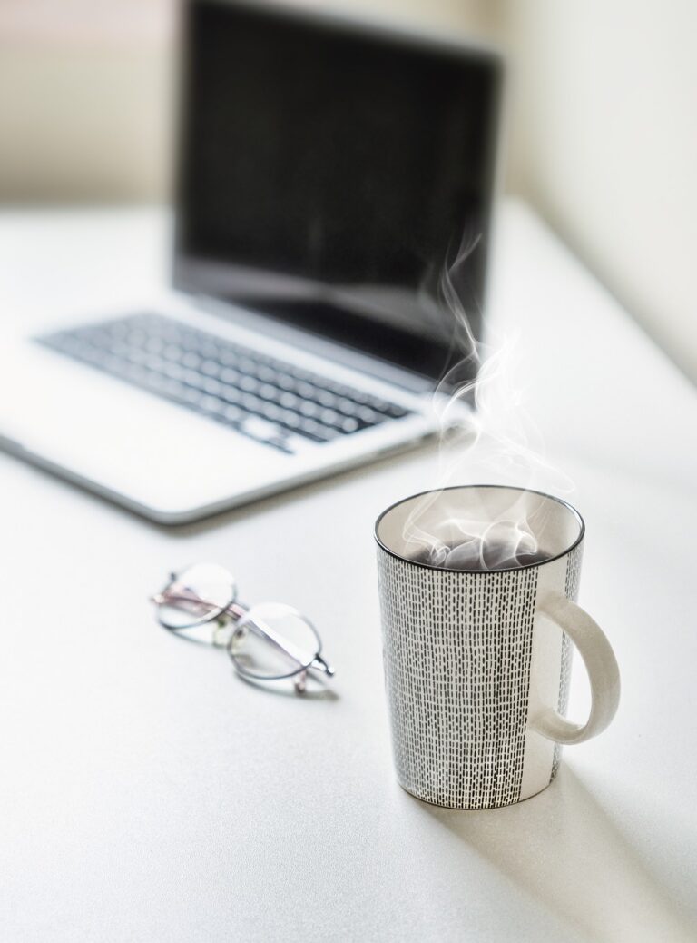 desk, coffee cup, tea, coffee, table, laptop, cup, mug, tea cup, workplace